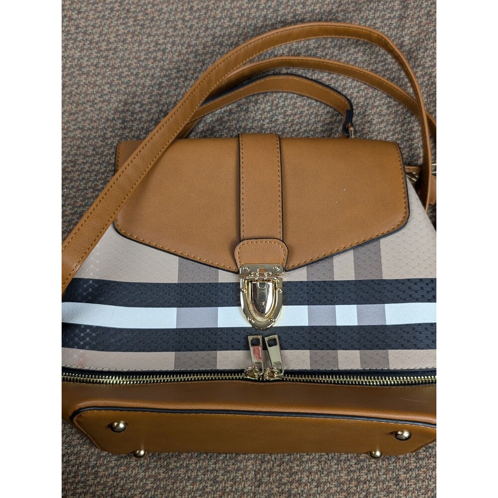 Plaid Backpack Womens Beige White Black Vegan Leather